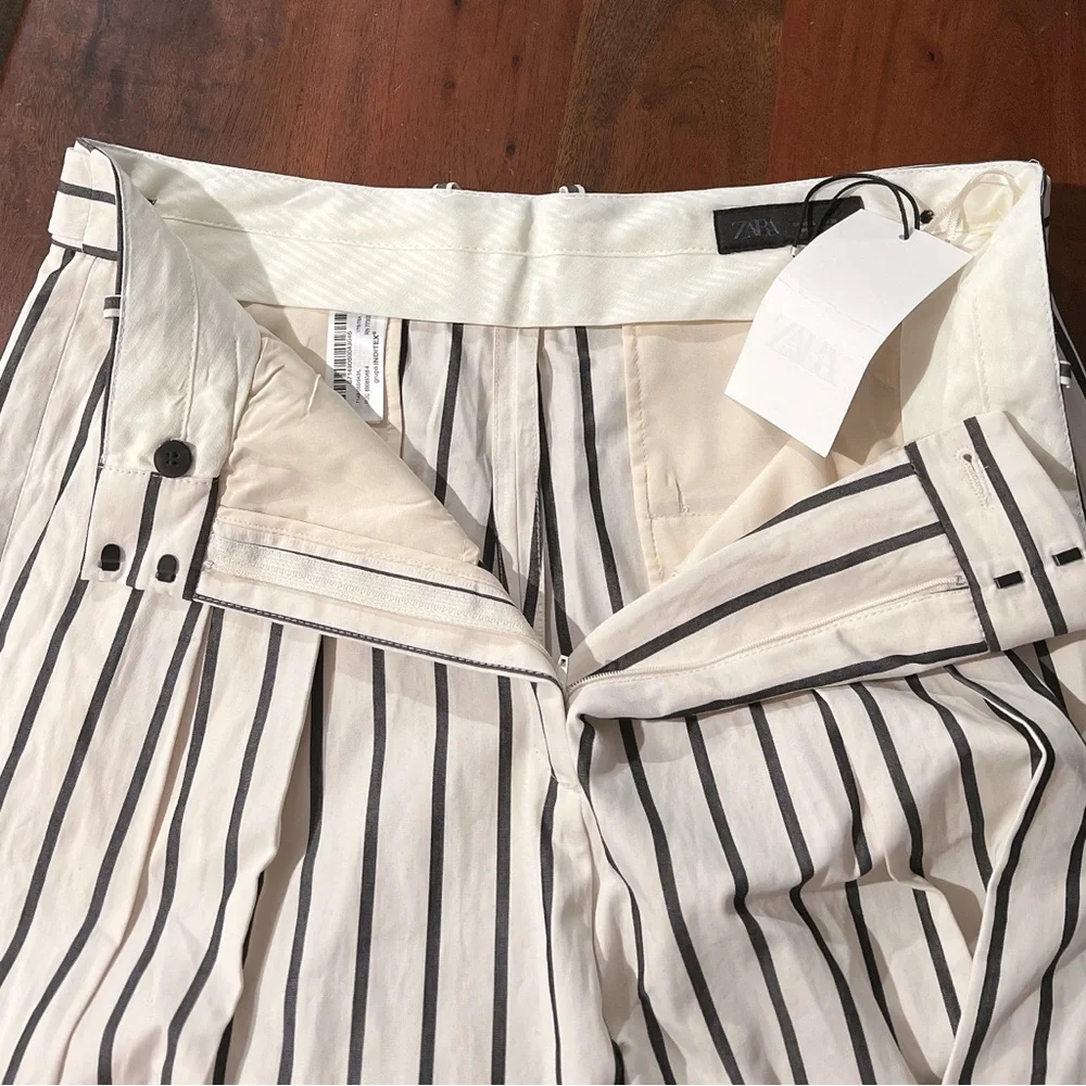 ZARA Striped Women's Pleated Linen Pants Size Large NWT